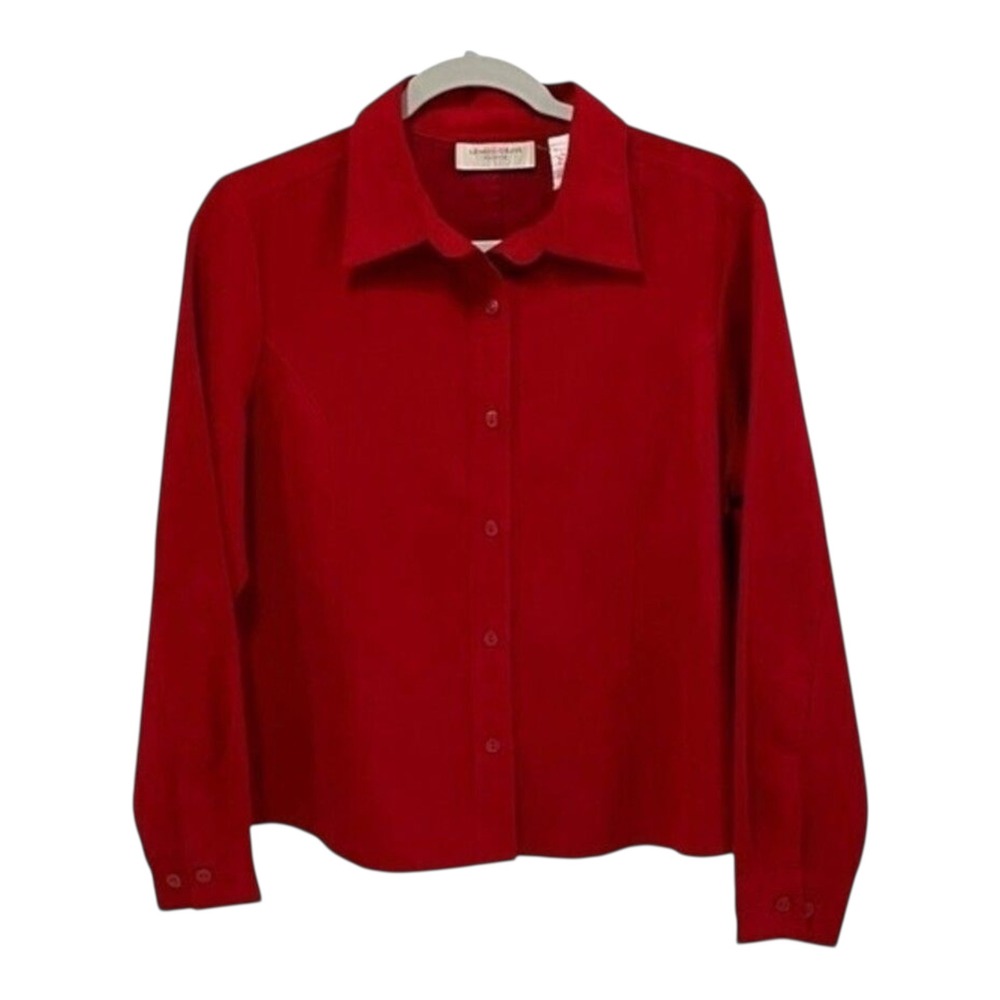 Lemon Grass Petite Large Red Button Down Long Sleeve Collared Blouse Shirt PL